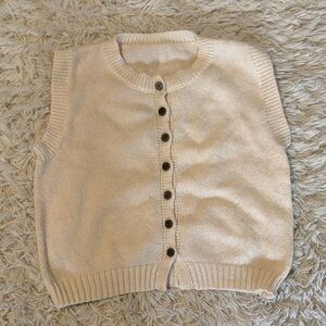Sleeveless Button-Front Knit Sweater Vest in Cream